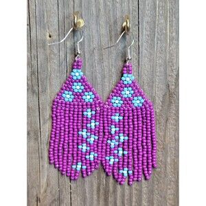 Handmade Beaded Earrings Drop / Dangle Geo Design Approx 3.5 in. Bue/Pink